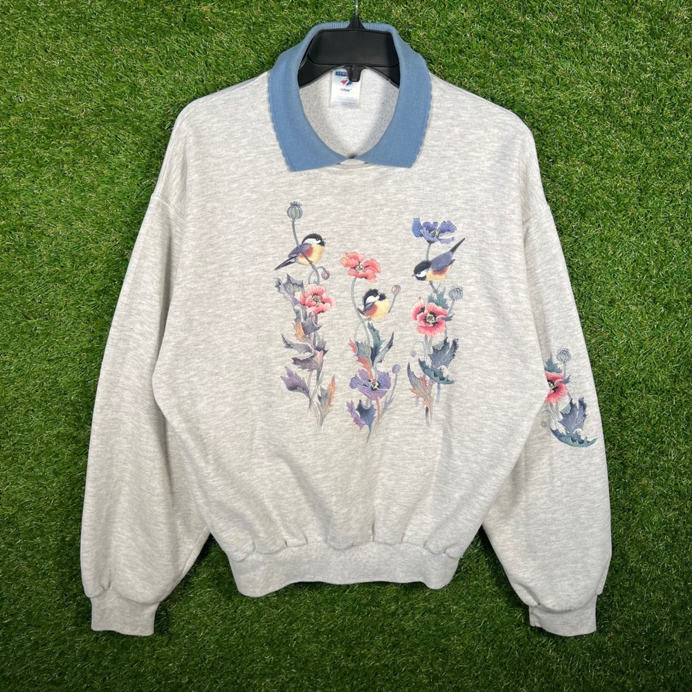 Vintage Jerzees NuBlend Collared Sweatshirt Birds Poppies Grey XL 90s